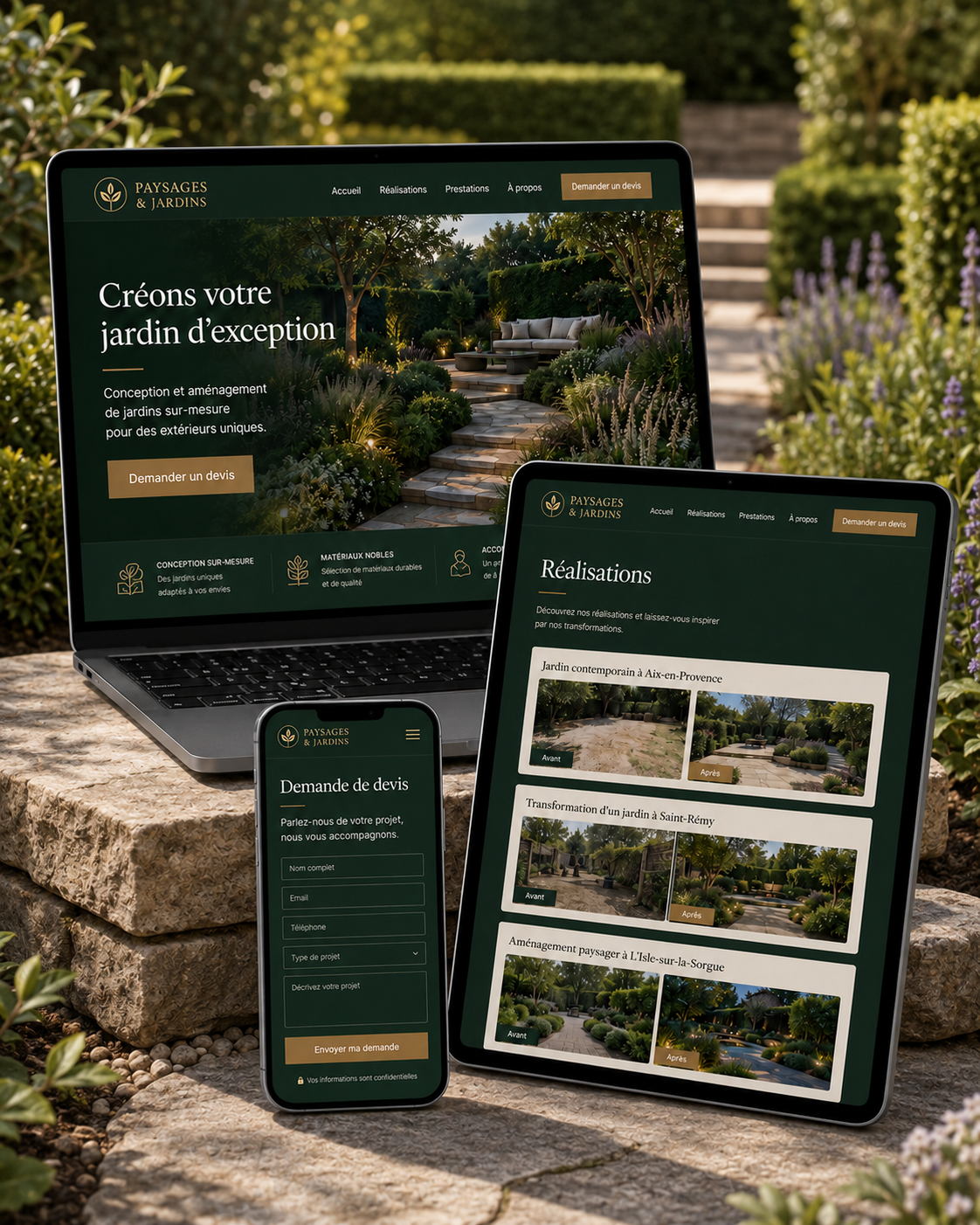 Maquette premium d'un site de paysagiste en français, présentée sur ordinateur, tablette et mobile