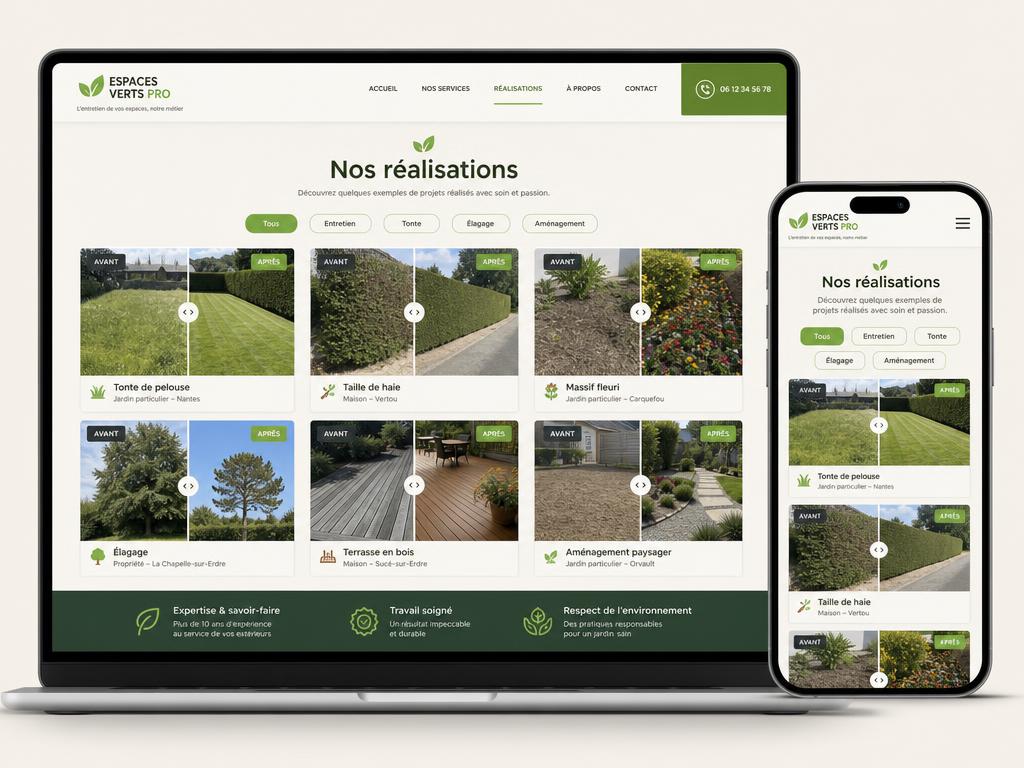 Exemple de page réalisations pour une entreprise d'entretien de parcs et jardins