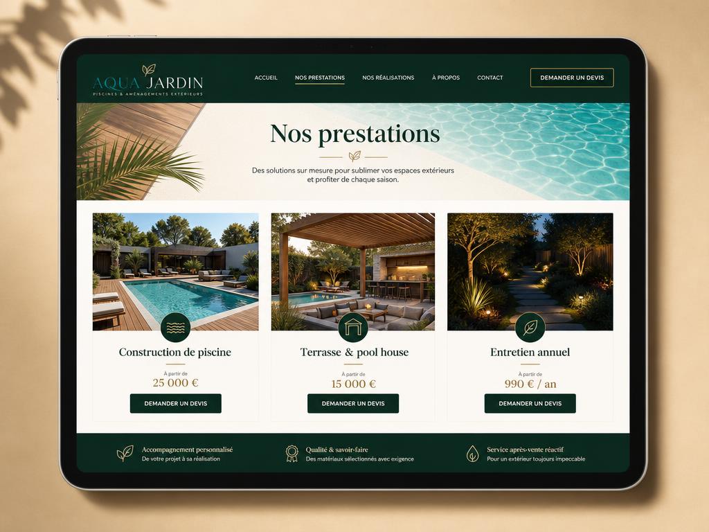 Exemple de page prestations pour un pisciniste et aménagement extérieur
