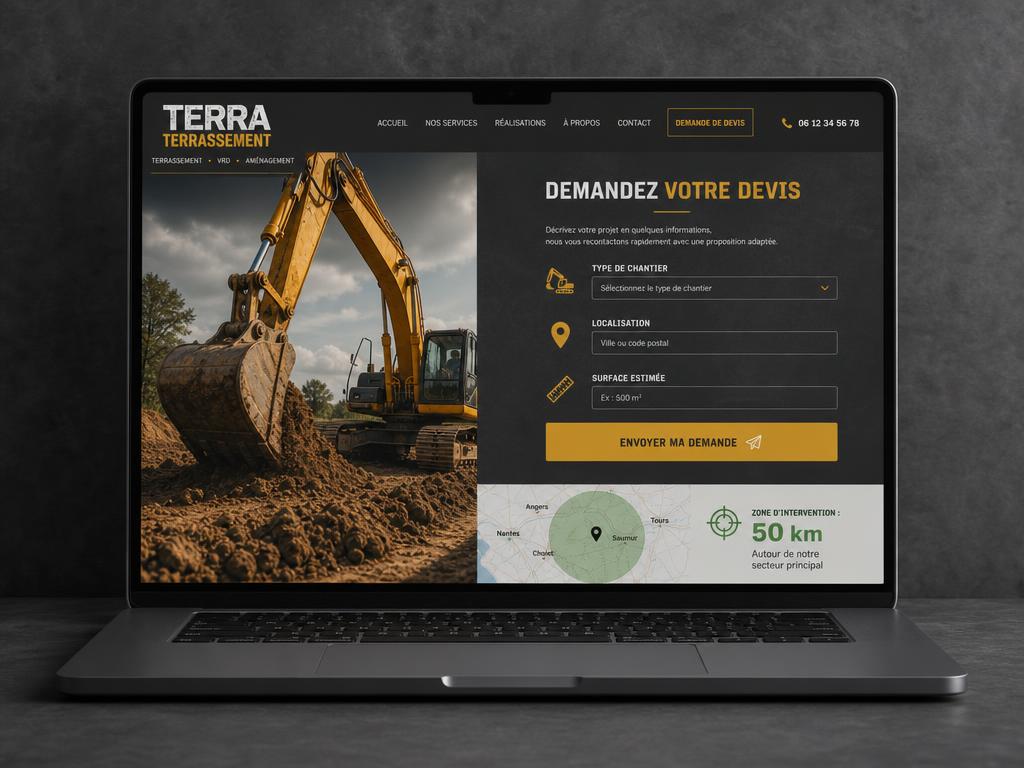 Exemple de page de demande de devis pour une entreprise de terrassement